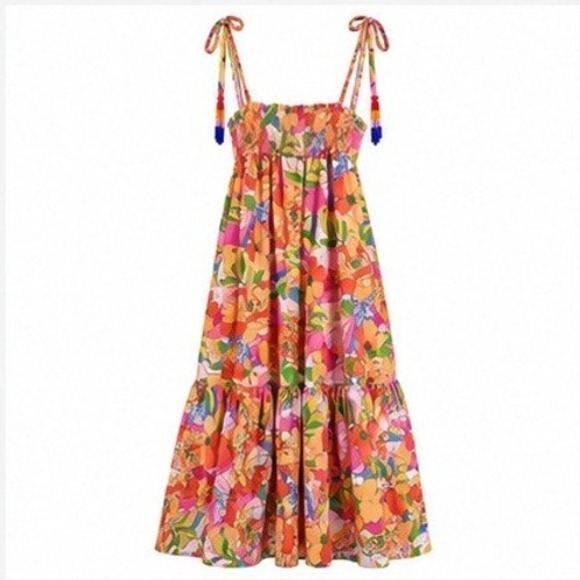 Fate Dresses & Skirts - Fate Floral Midi Resort Dress Small Tie Shoulder 100% Cotton Beaded Tassel Boho